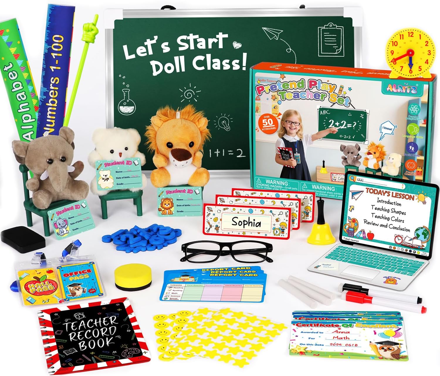 Alritz Pretend Play Teacher Set, School Stuff, Role Play Preschool Learning Activities Classroom Set for Girl Boys Include Dolls, Toy Laptop, Black Board, Birthday Gift 5 6 7 8 9+ Years Old