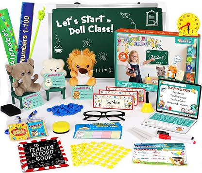 Alritz Pretend Play Teacher Set, School Stuff, Role Play Preschool Learning Activities Classroom Set for Girl Boys Include Dolls, Toy Laptop, Black Board, Birthday Gift 5 6 7 8 9+ Years Old