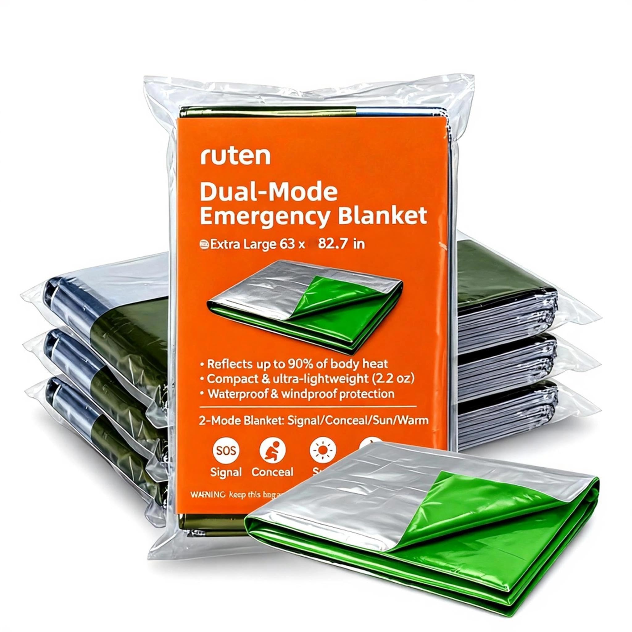 Ruten Double-Sided Green Silver Thermal Emergency Blanket 4-Pack - Extra Large 63x82 7 Heavy Duty Mylar Foil Space