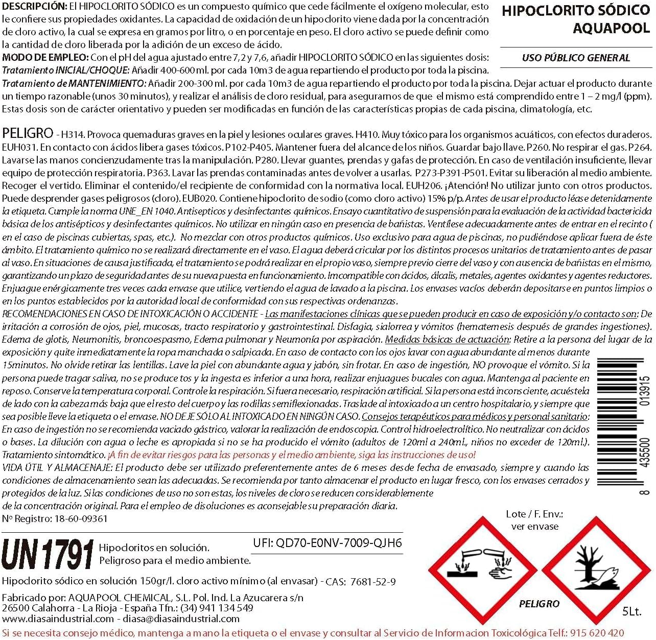 Hipoclorito sódico 15%, Cloro Choque Líquido Clarificante Ion Pure 20 litros - Cloro Acción rápida - Súperclarificante - Recuperador Aguas difíciles - Apto Liner