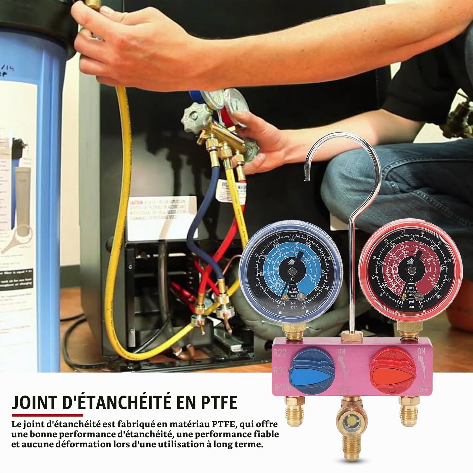 Manifold Diagnostic Climatisation avec Double Manomètre, avec Hublot et Robinets à Billes, pour Réfrigérants R22, R32 et R410a, pour Diagnostic, l'Entretien Système Climatisation Automobile