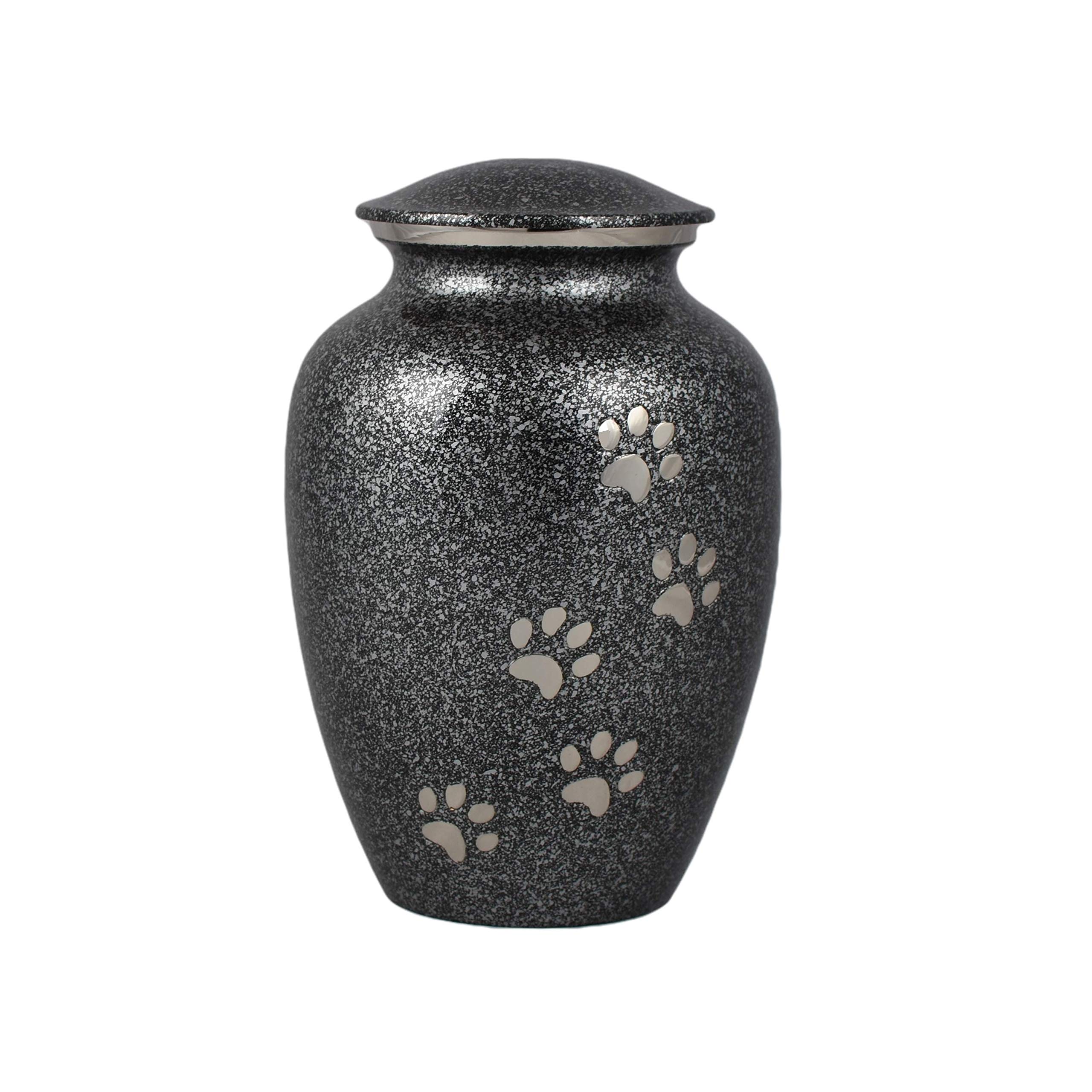 Pet Cremation Urn for Ashes with Paw Print Memorial Design, Solid Brass Handcrafted Vessel, Secure Top Lid, Keeps Remains Safe for Dogs Cats (6 Inch Grey)