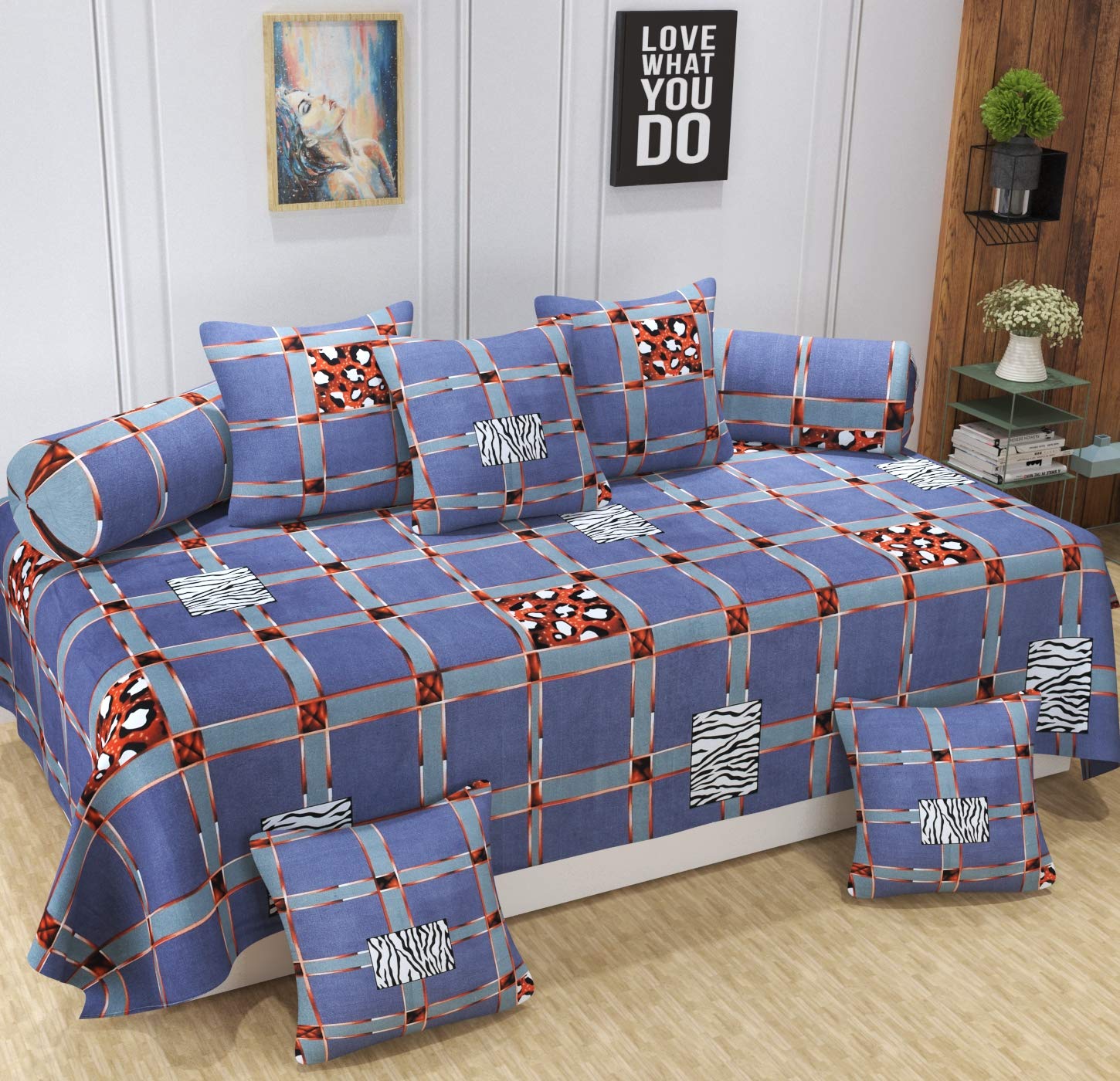 Microfiber Fabric 8 Pcs Diwan Blend Set Covers 1 Bedsheet 5 Cushion Covers 2 Bolster Covers (Multicolor)-image-20
