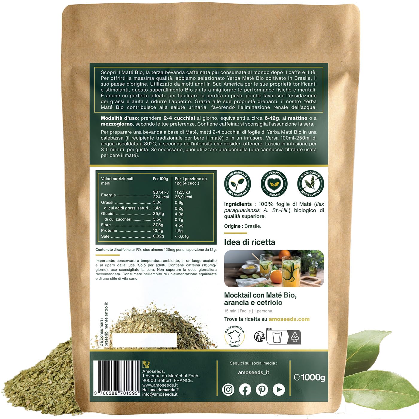 Yerba Maté BIO 1KG | Maté verde non affumicato | 100% foglie, senza steli | Energia, alternativa al caffè | Qualità superiore