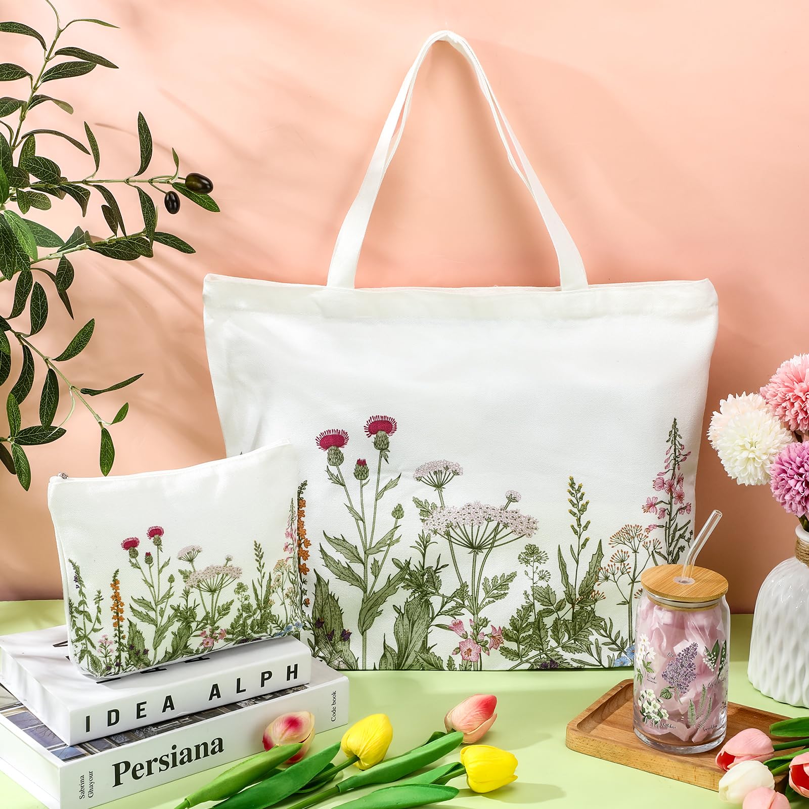 FoldTier 3 Pcs Plant Lover Gift for Women, Spring Aesthetic Gift for End of Year Teacher, Floral Canvas Tote Bag, 16 oz Coffee Cup with Straw Lid, Makeup Bag for Mother Birthday(White,Flower)