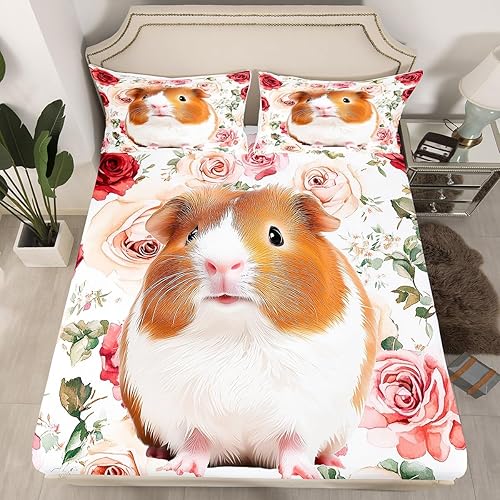 Miniatura 1 de Erosebridal Juego de sábanas de conejillo de indias para niños y niñas, sábana bajera de rosas rojas, juego de ropa de cama de animales lindos,