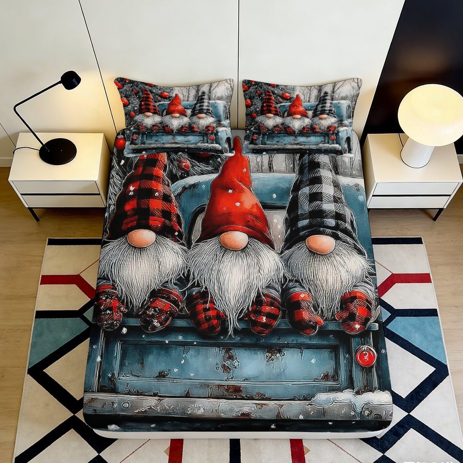 3D Printed Nordic Gnome Fitted Sheet Microfiber Deep Pocket Non-Slip Bedroom Xmas Bedding Full Wrap Mattress Fitted Cover Washable 90x200x25cm