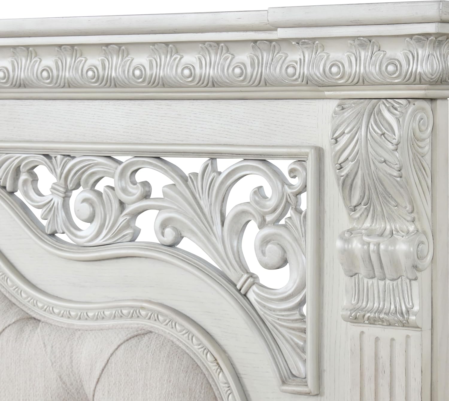 Furniture of America Byrne Traditional Wood Bed Frame with Upholstered Headboard, Ornate Moldings and Bracket Feet, Wooden Bedframe for Bedroom, Box Spring Required, King, Wire Brushed White