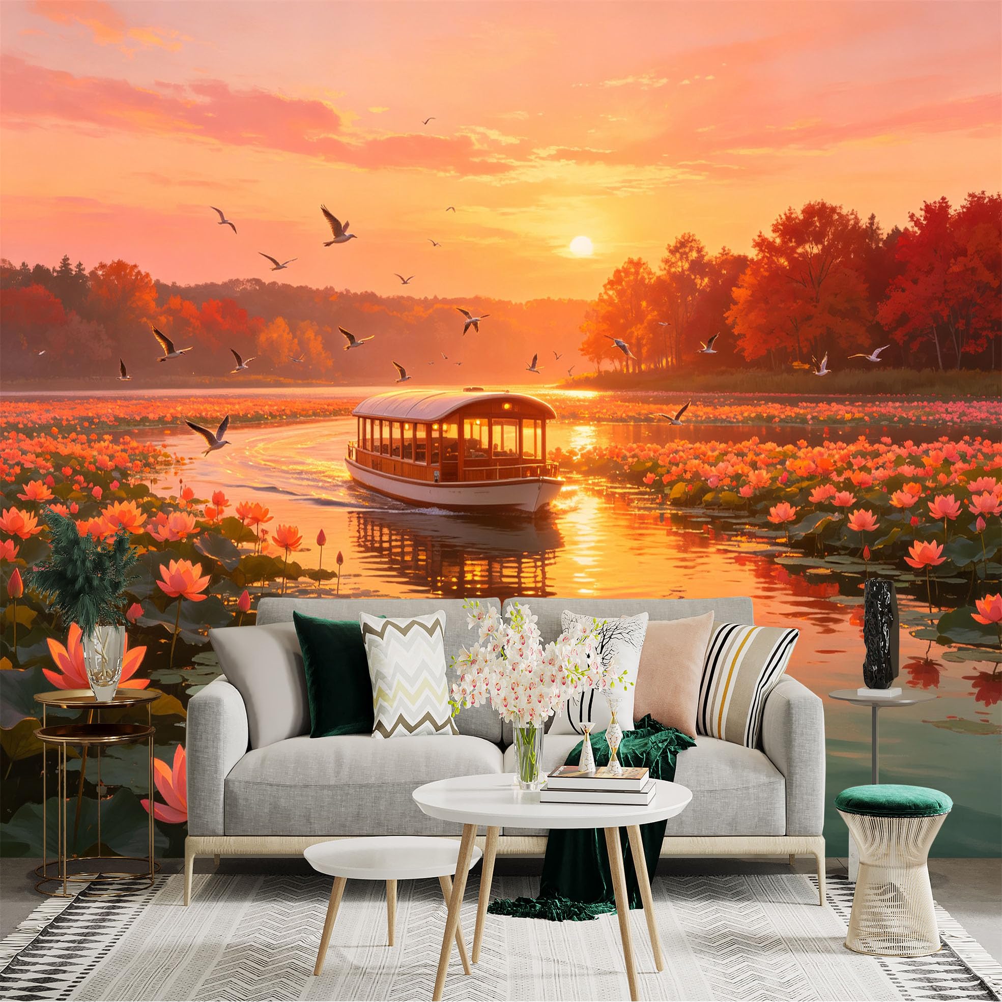 Custom Size Wall Sticker Mural， Sunset Over Lotus Pond， Boat Sailing on River， Migrating Birds in Golden Light， for wall Decoration， peelandstick wall Decals.