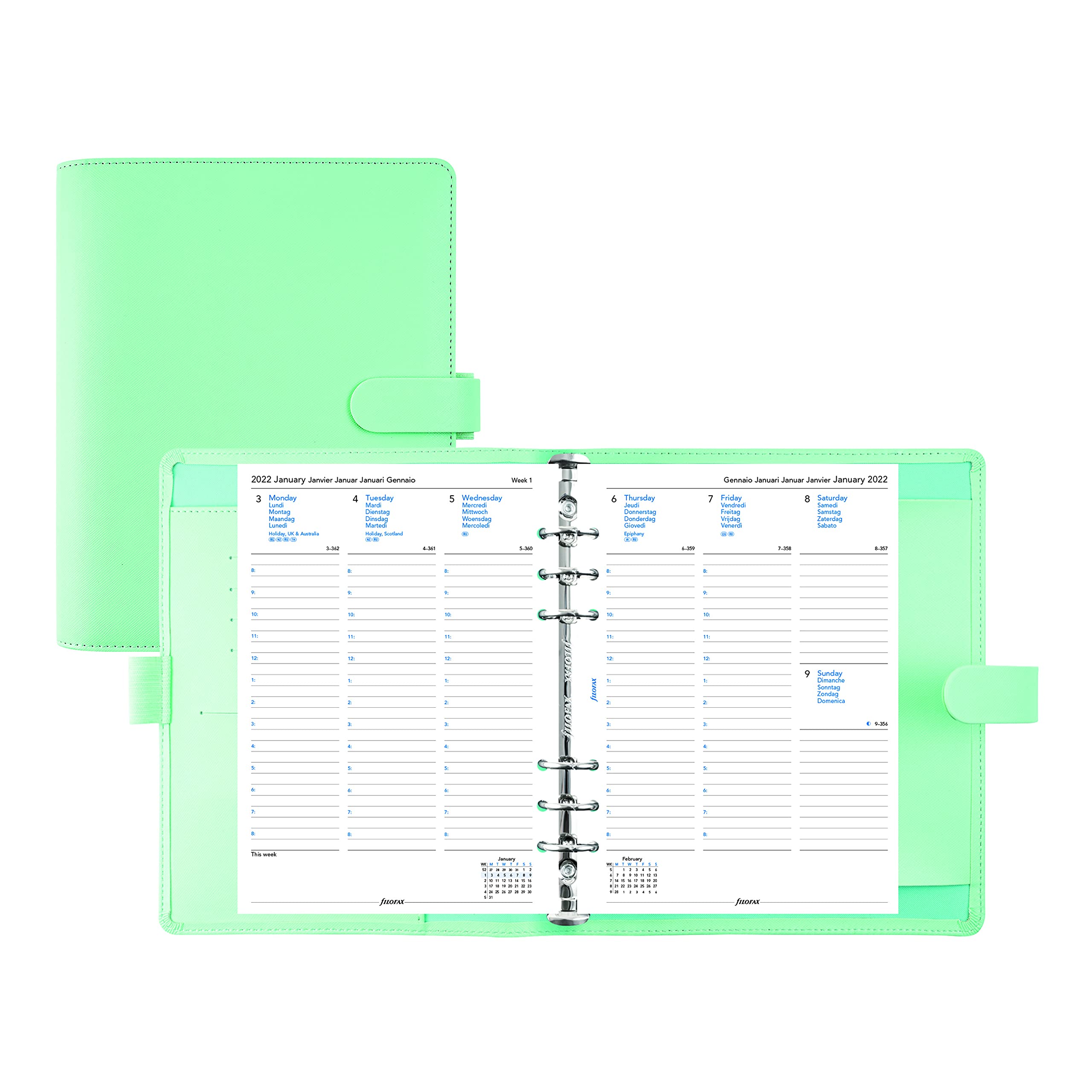 Filofax Saffiano Organizer A5 Größe Neo Mint - Cross-Grain, Lederoptik, Sechs Ringe, Wochenansicht, Kalender 2022 (C028802-22) 5.75 inches X 8.25 inches