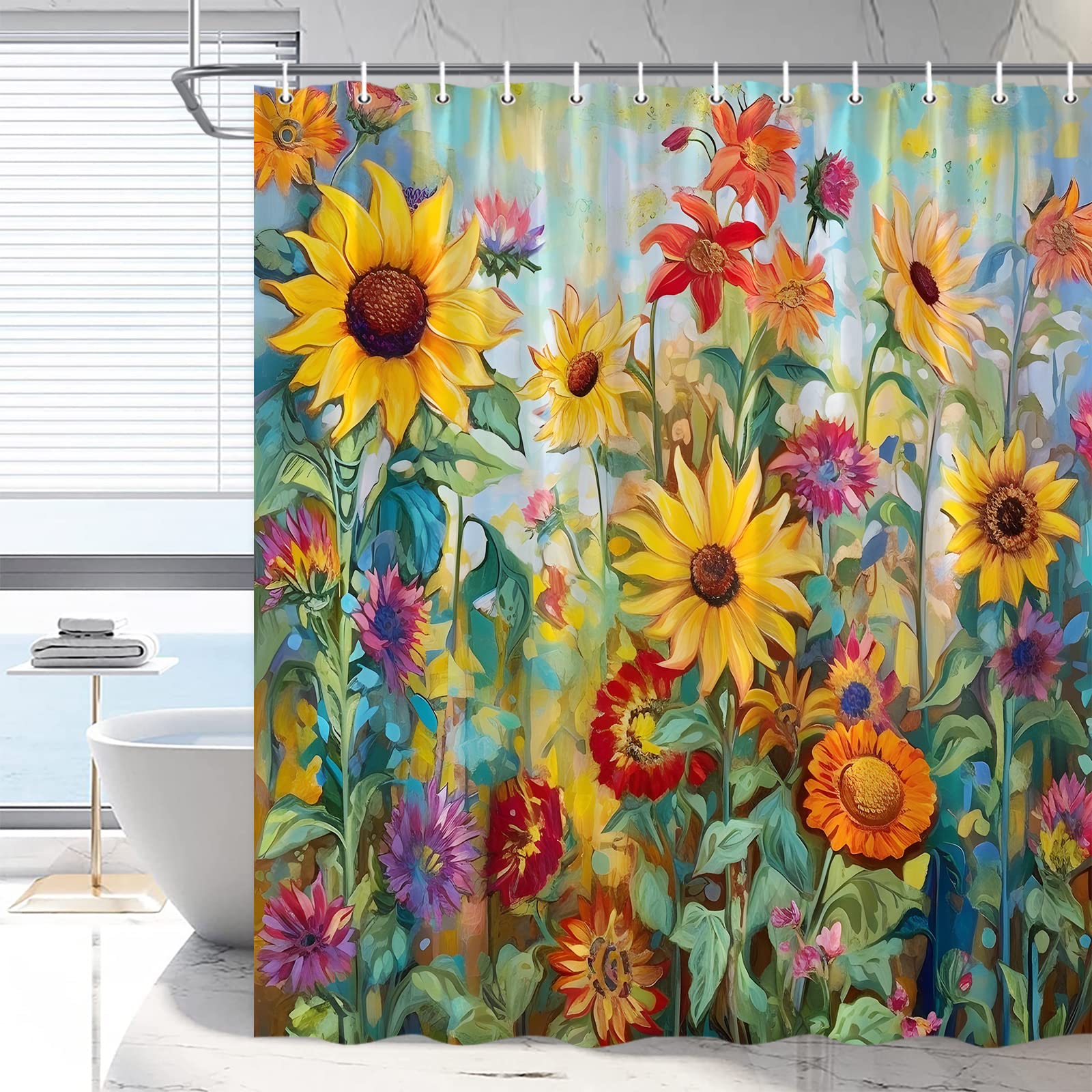 RDRUVA Rustic Sunflower Shower Curtain Rustic Floral Colorful Flowers Watercolor Farmhouse Wildflowers Rustic Plants for All Seasons Garden Bathtub