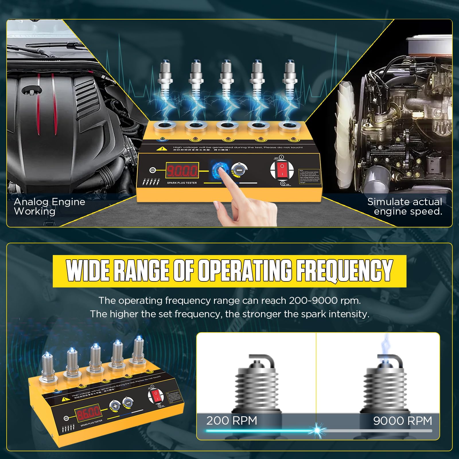BELEY Tester per Candele Automobilistiche - Tester di Accensione per Motocicli a 5 Fori da 220V 200-9000 giri/min Frequenza Regolabile con Display Digitale e Indicatore, per Auto e Moto con Motore 12v