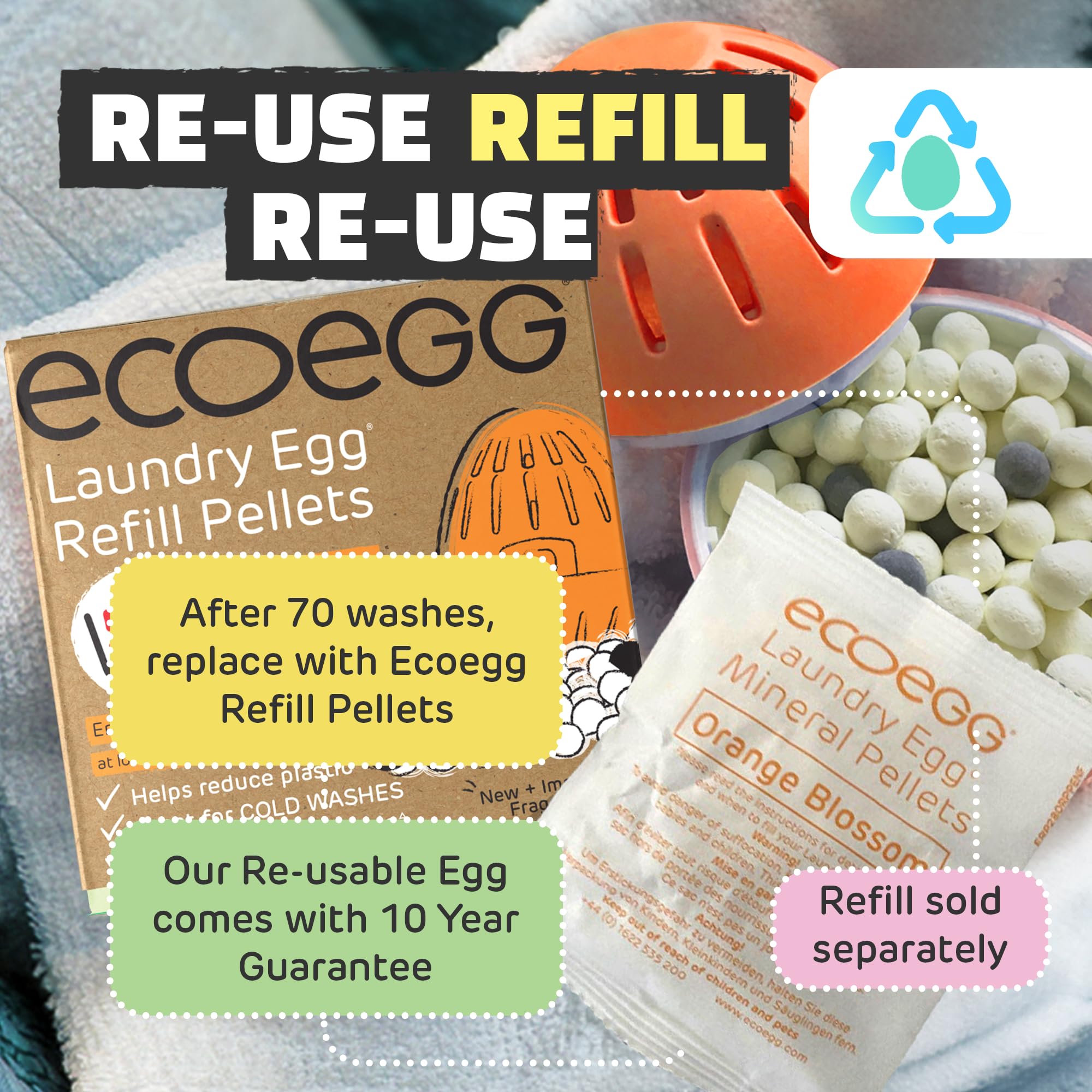 Ecoegg Jajko do prania | Zamiennik detergentu i odżywki do tkanin | Bez bio, bez enzymów, fosforanów, wybielaczy | Skóra wrażliwa | Kwiat pomarańczy 70 prań