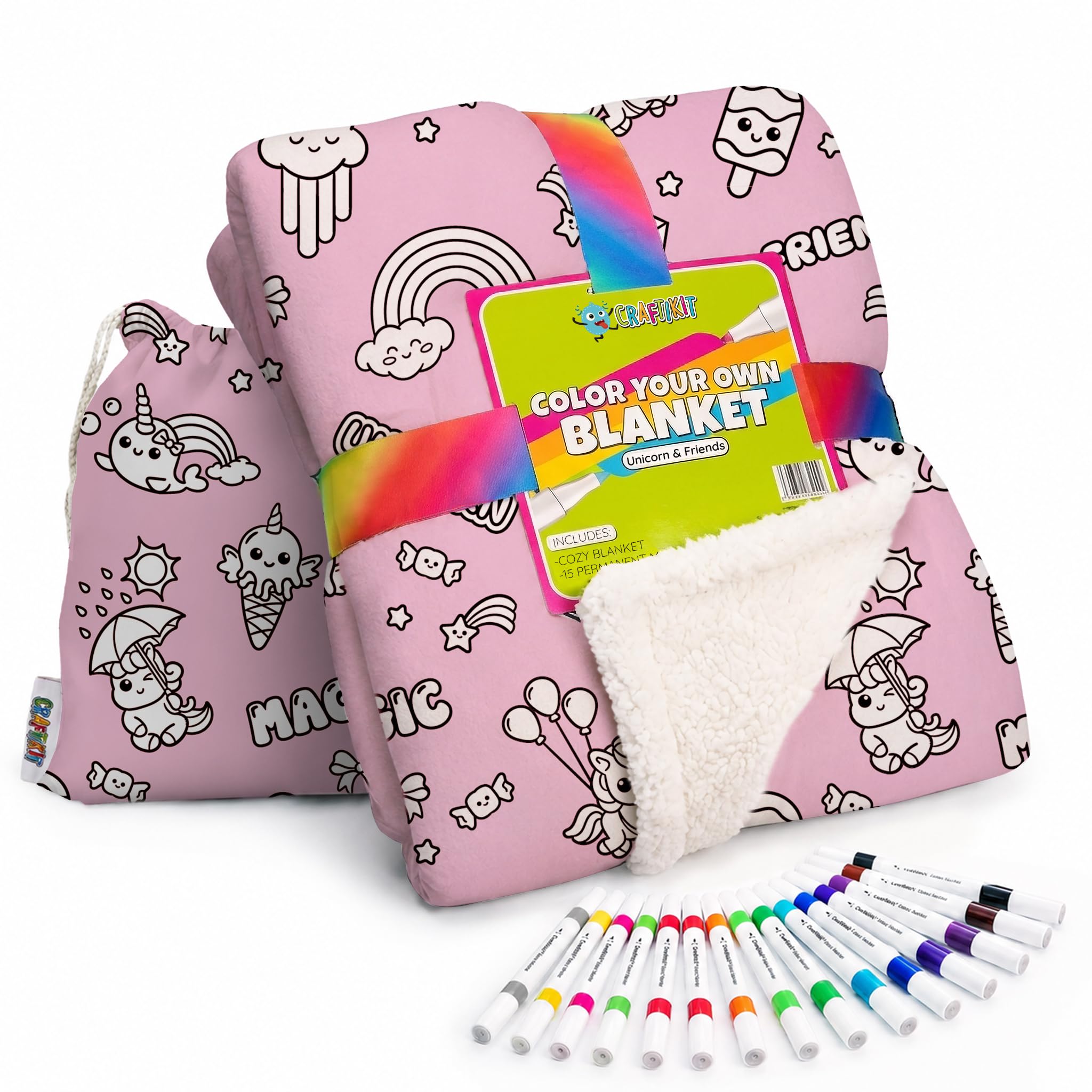 Craftikit Unicorn Coloring Blanket for Kids & Adults - 15 Markers | 40" x 60", Fabric Markers Included, Permanent Vibrant Sherpa Fleece Design, Ages 3+, Machine Washable, Gift Wrapped