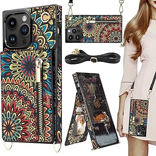 HOGGU Crossbody iPhone 14 Pro Max Case Wallet with Card Holder, Floral Leather iPhone 14 Pro Max Crossbody Case with Strap, Stand, Zipper Purse, Protective Square Phone Case for Women Girls-Mandala