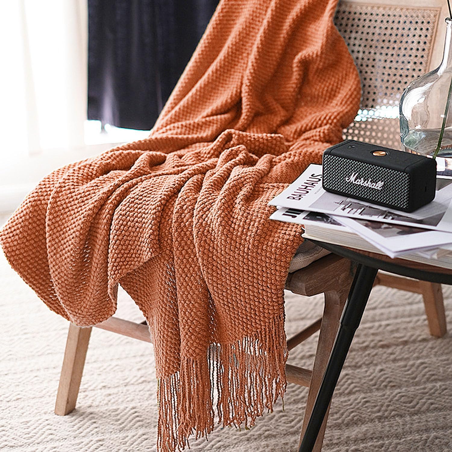 LOMAO Knitted Throw Blanket with Tassels Bubble Textured Lightweight Throws for Couch Cover Home Decor (Orange, 50x60) - Image 2