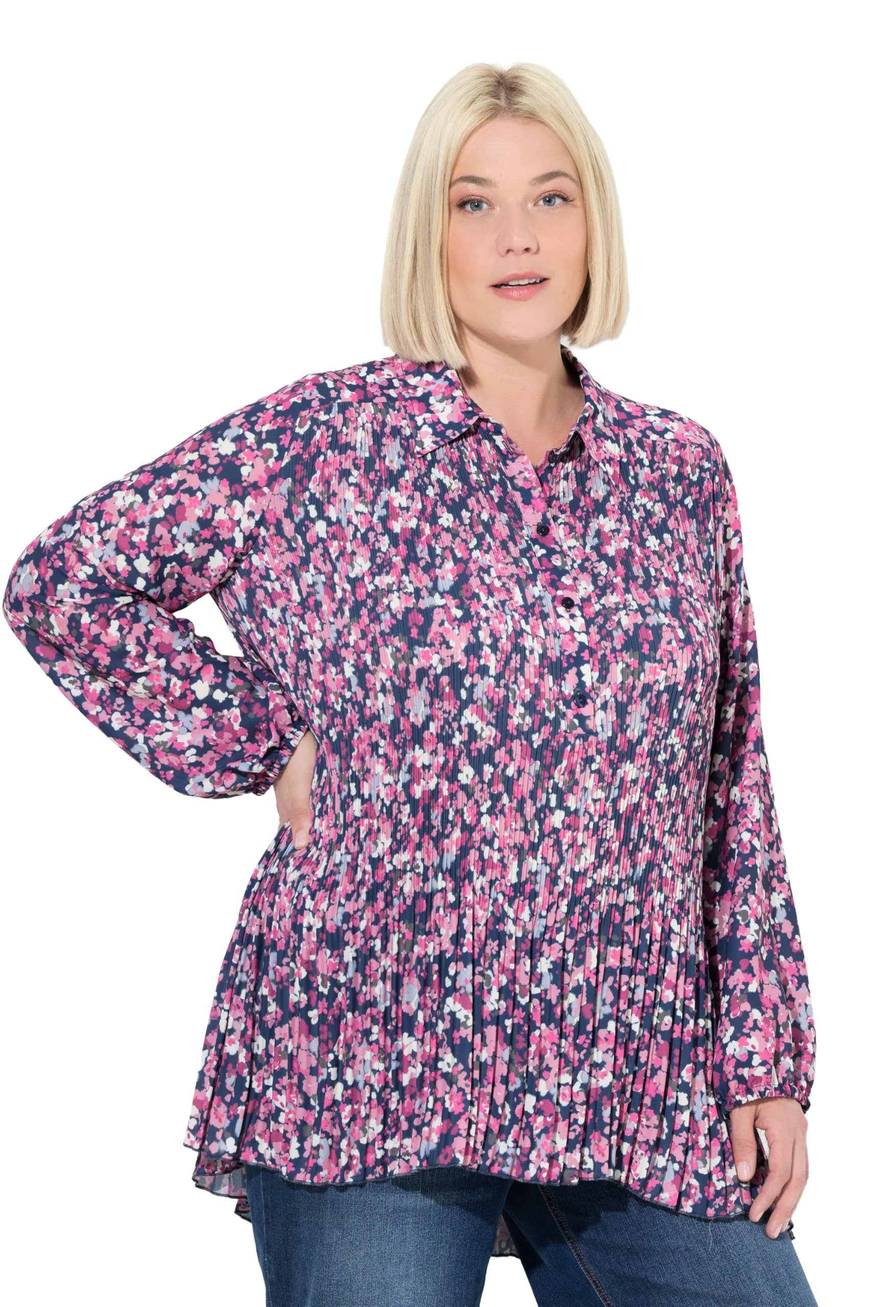 Ulla Popken Damen große Größen Übergrößen Plus Size Plissee-Bluse, Blüten, A-Linie, Hemdkragen, Langarm 844236