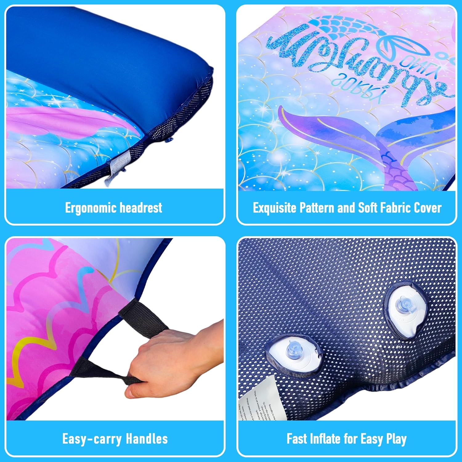 Oversized Pool Floats for Adults - 72" X 38" Extra Large Fabric Covered Pool Float with Headrest, Pool Lounge Floaties for Adults, Summer Pool Party Decorations Supplies (Mermaid)