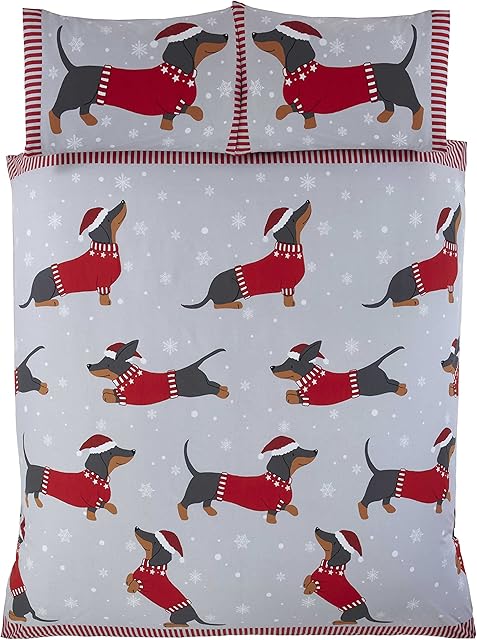 Rapport Home Dachshund Through The Snow Single Duvet Cover Christmas Bed Set, Cotton, Red
