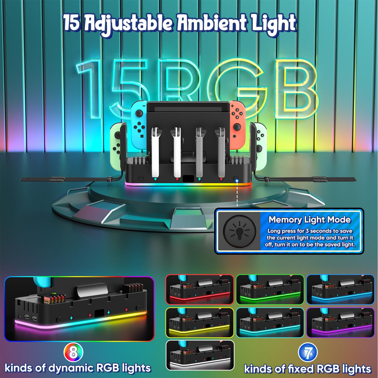 Klipdasse Soporte de pared RGB para cargador Joy-con, organizador de interruptores para Nintendo/OLED con soporte, base de carga para Joycon con 15 modos de luz, 4 cargadores, 2 puertos USB, 10