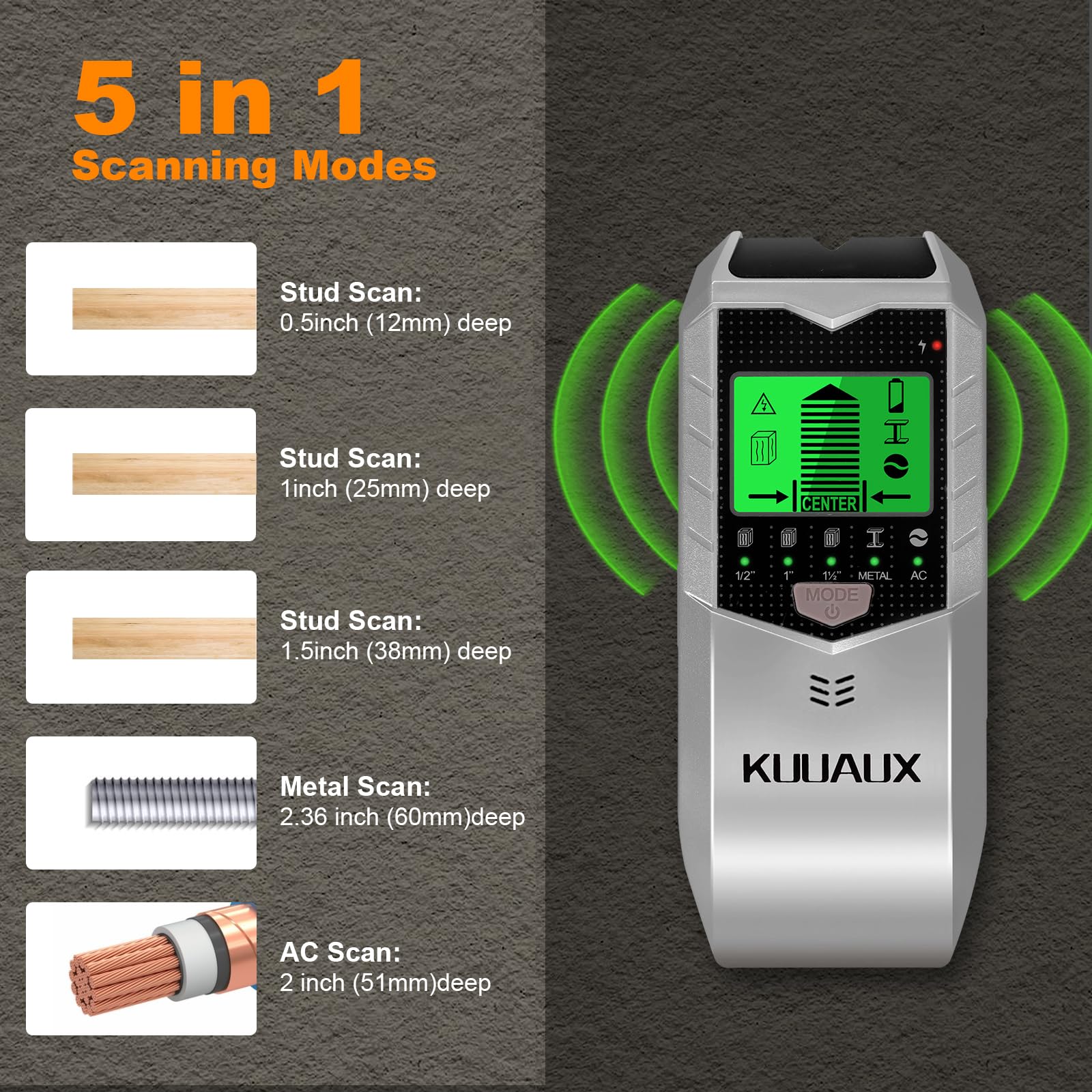 Escáner de pared, detector de pernos 5 en 1 con chip de microprocesador inteligente y pantalla LCD HD, buscadores de haz para centro y borde de madera, cable de CA, viga, metal y tubería,