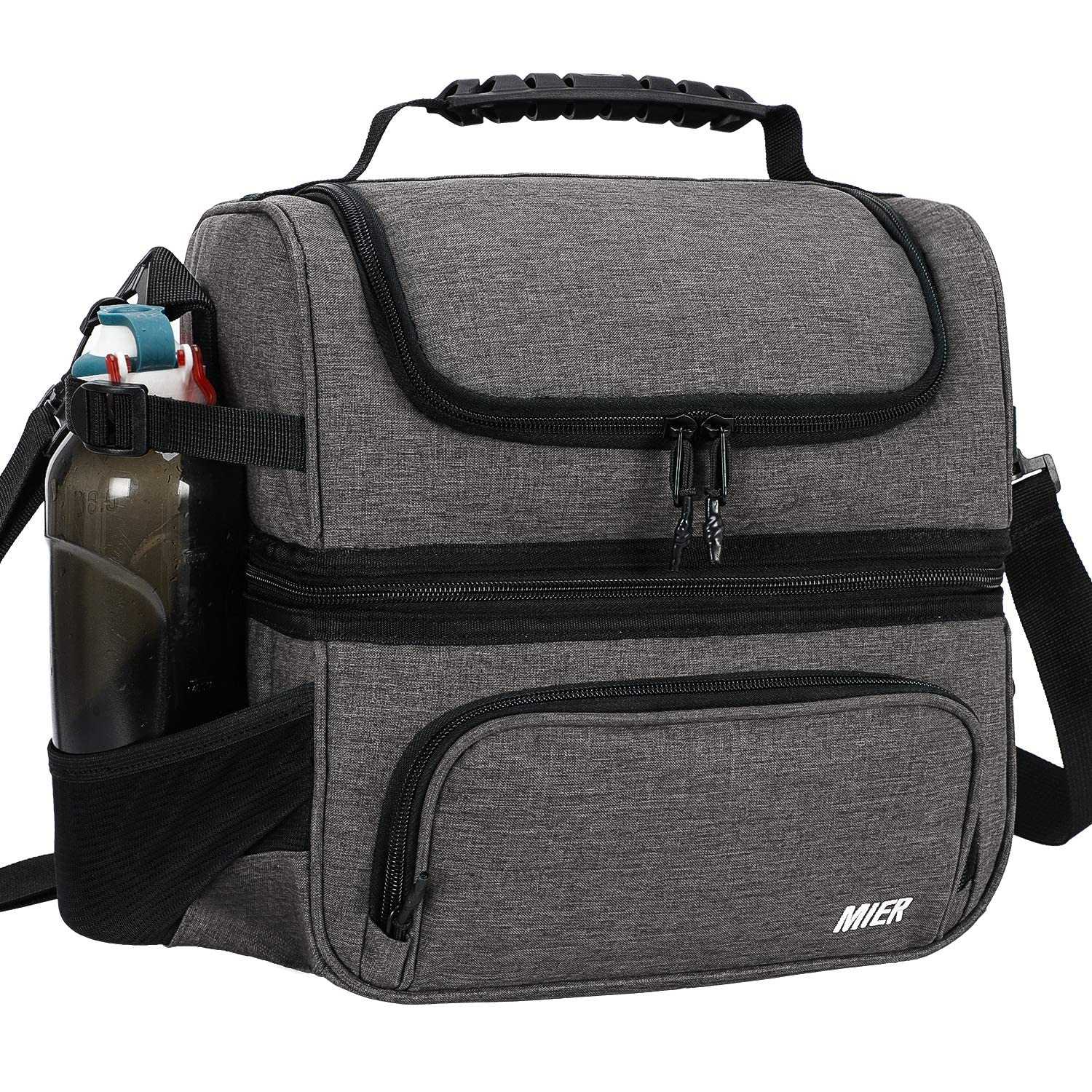 MIER Borsa per il pranzo a prova di perdite per uomo e donna con doppio ponte, grigio, 15 l | Borsa termica termica con tracolla regolabile, con tasche multiple per lavoro, picnic, campeggio, facile da pulire