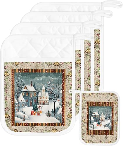 Miniatura 37 de Juego de 2 agarraderas de tela de toalla para cocina, antideslizantes, aislantes y térmicas, con bolsillo, guantes gruesos para horno, posavasos