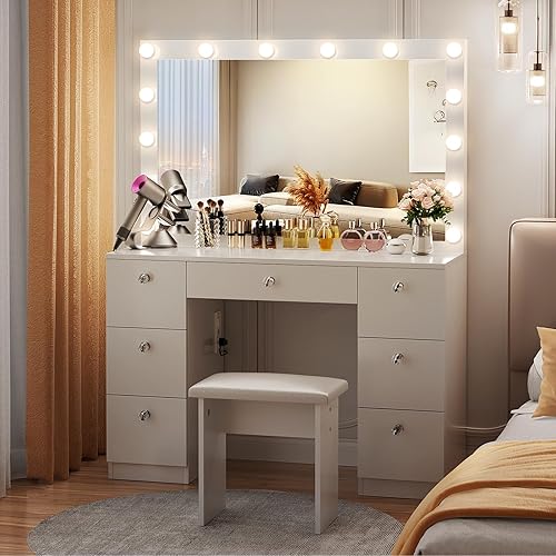 Miniatura 6 de VOWNER Vanity with Lighted Mirror - Makeup Vanity Desk with Power Outlet and 7 Drawers, 3 Color Lighting Modes Adjustable Brightness, 44" Vanity