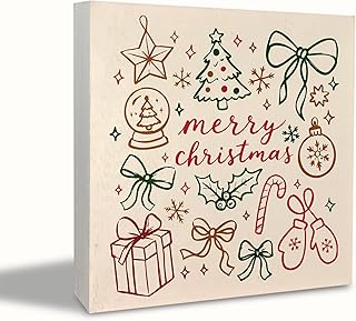 KEUSPI Retro Merry Christmas Wooden Box Sign, Girly Christmas Decor, Boho Xmas Bow Holly Jolly Wood Box Block Sign for Home Office Desk Tabletop Shelf Decoration 5x5 Inch