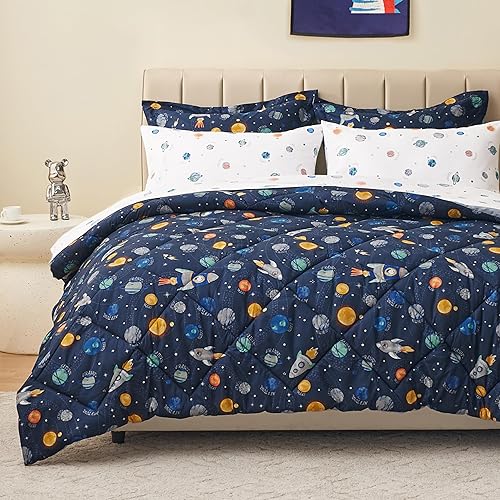 Miniatura 8 de PPOLCA Juego de edredón para niños, 7 piezas, tamaño Queen, dinosaurio, juego de edredón de microfibra súper suave y ligera con sábanas, juego de