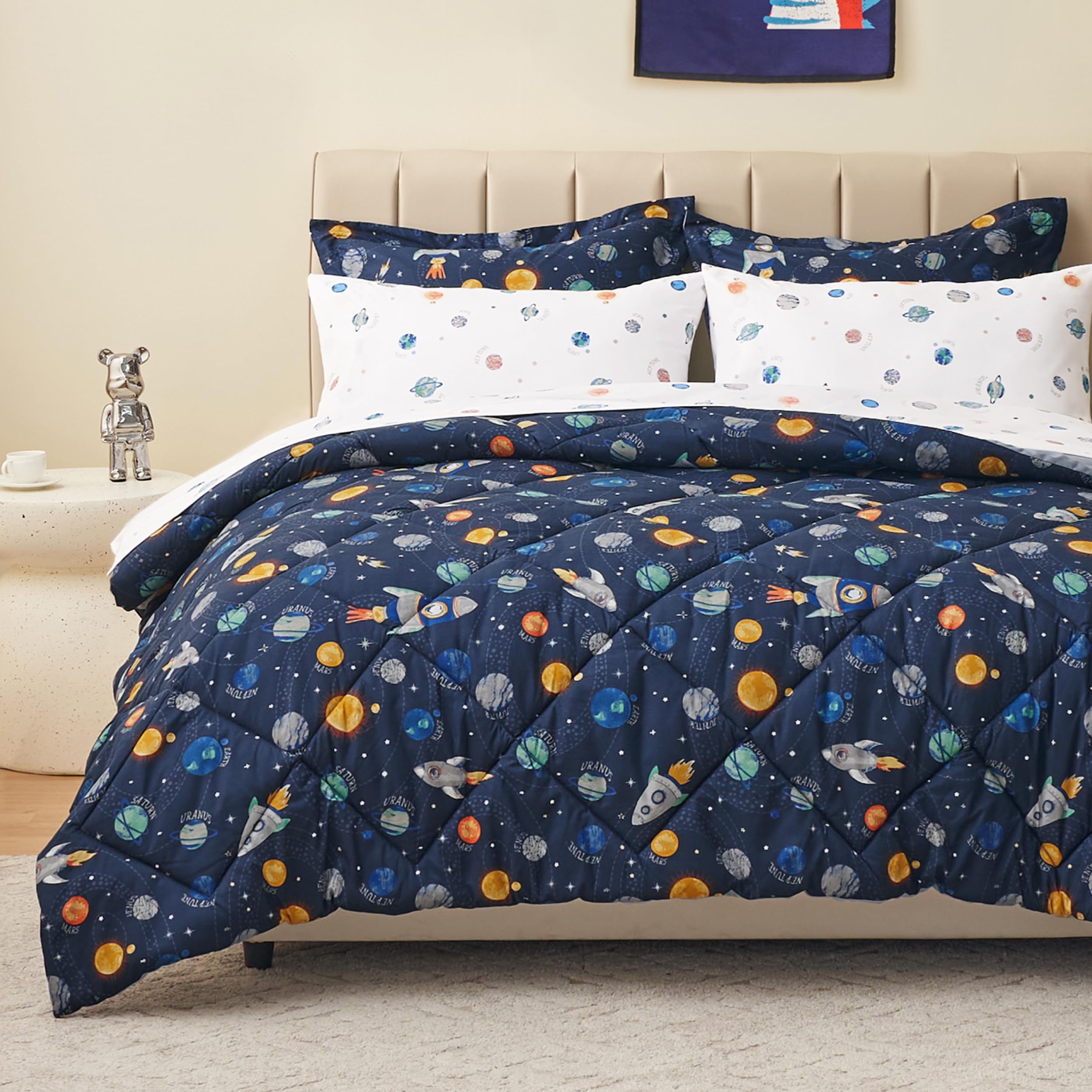 Twin Size Space Kids Bedding Set for Boys, 5 Pieces Super Soft Lightweight Microfiber Comforter Set with Sheets, Bed in a Bag, Children Bed Set