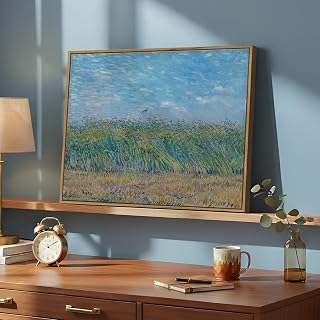 Framed Van Gogh Wall Art, Wheat Field with Sky and Flying Lark Canvas Print, Vintage Impressionist Landscape Painting for Living Room Bedroom Office Wall Decor, 12x16 Inch
