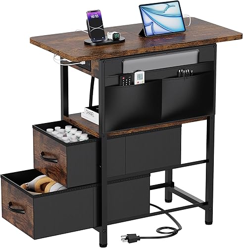 Mesa auxiliar pequeña con estación de carga, mesita de noche estrecha con bolsillo de almacenamiento para sala de estar, dormitorio, mesa auxiliar