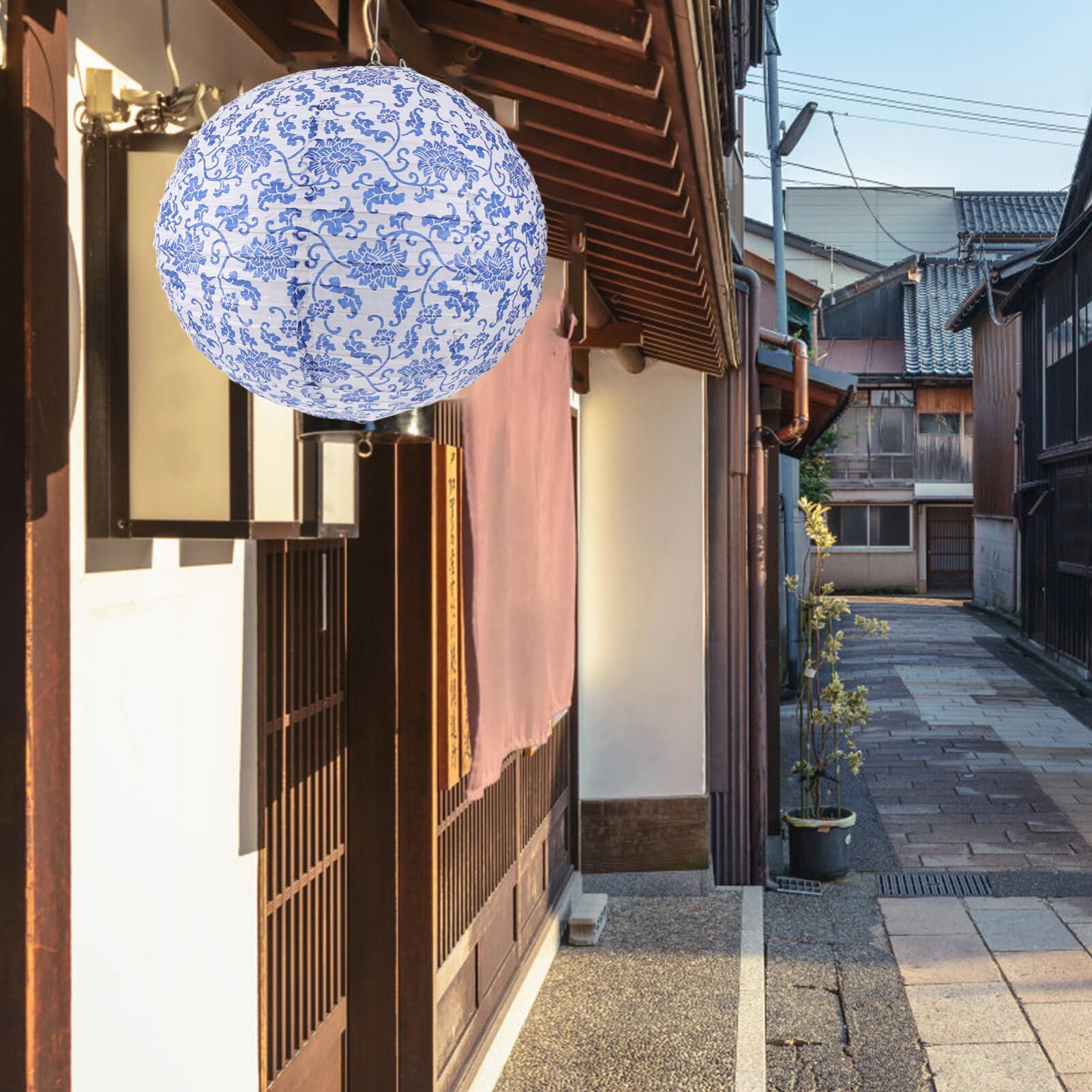 Chinoiserie ,Blue and White Porcelain Japanese Hanging Lantern for Oriental Restaurant Home Decor