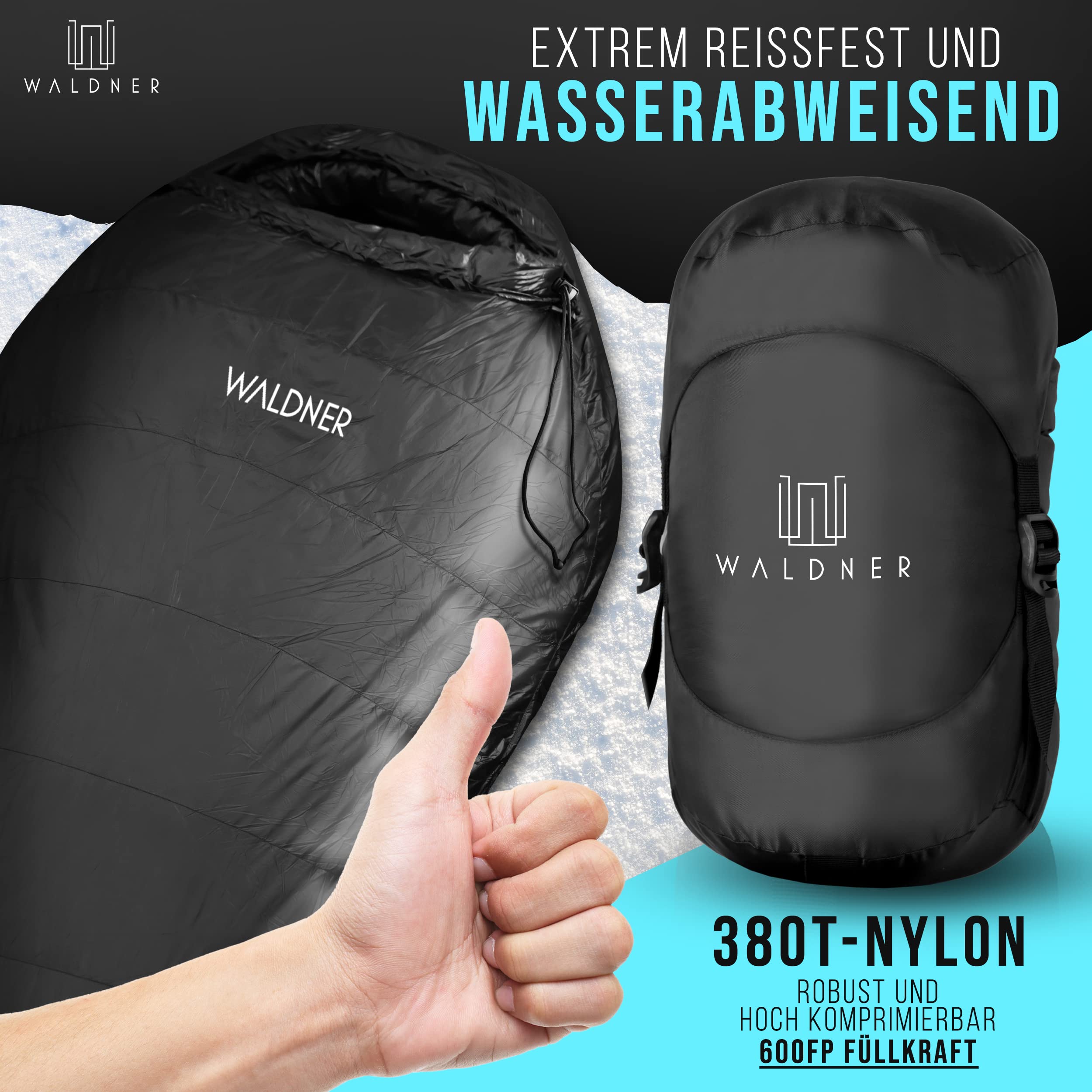 WALDNER Daunenschlafsack Ultraleicht, kleines Packmaß, 4 Jahreszeiten, 800g Daunen, 600FP Bauschkraft, Schlafsack Outdoor und Camping, leicht & warm