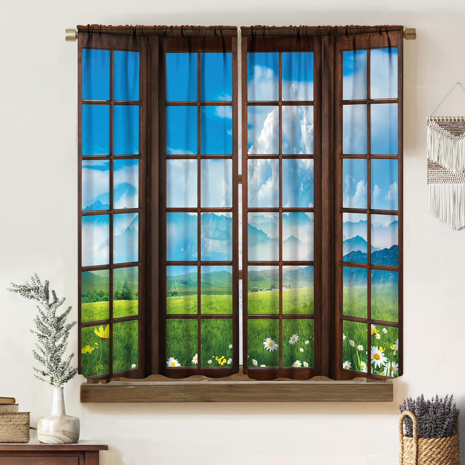 Landscape Curtains,Summer Blue Sky Landscape Country Green Field Wildflower Mountain Print Blackout Rod Pocket Window Treatments Drapes for Bedroom Living Room Kitchen 63" W X 72" L