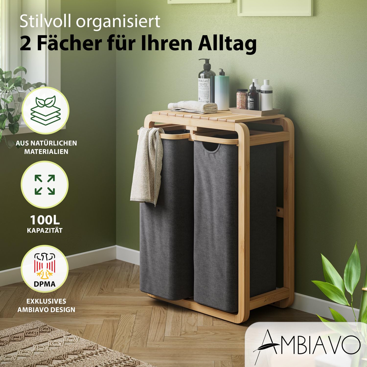 Wäschekorb 2 Fächer grau, schmal & 100 L Bambus · Wäschesammler mit Ablage · 50 L pro Fach · herausnehmbare, waschbare Wäschesäcke