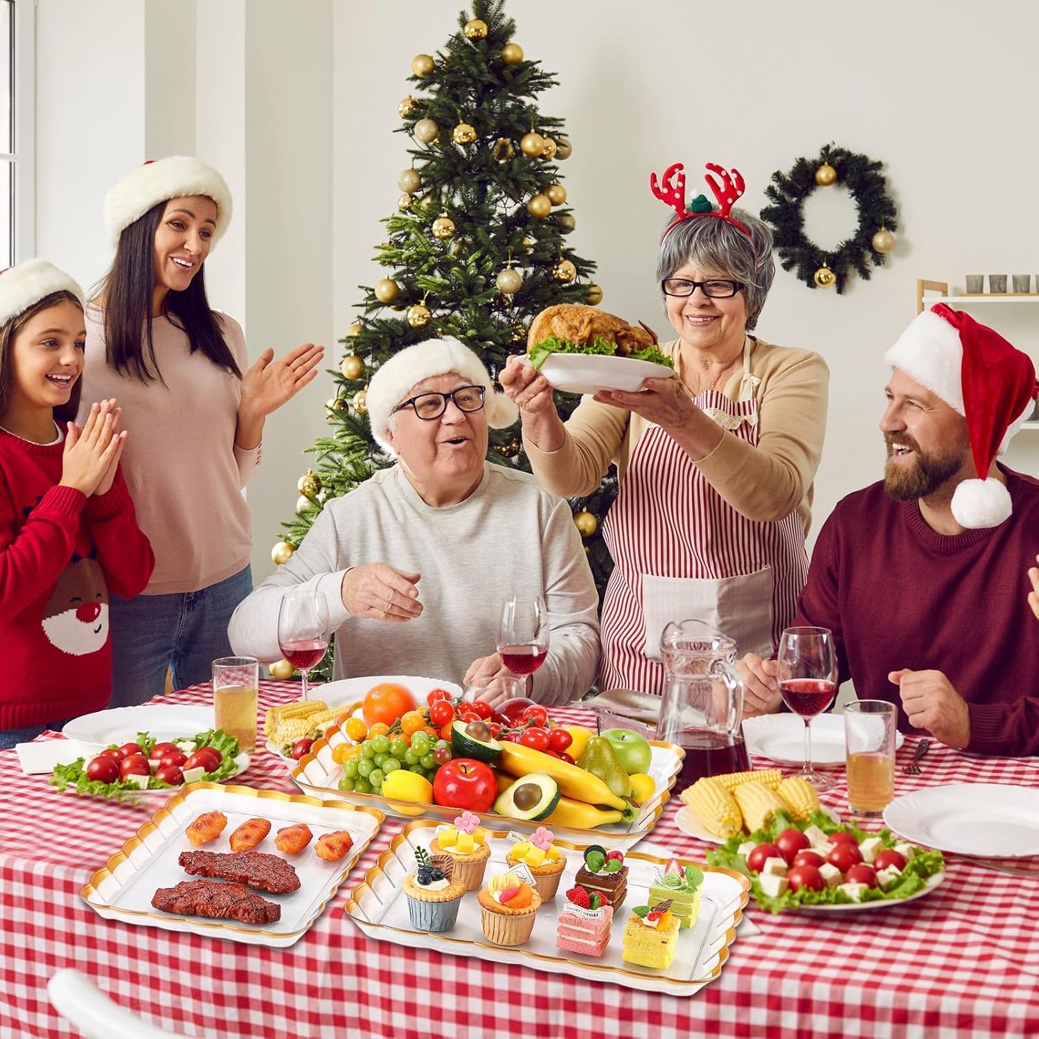 Rtteri 6 Pcs Clear Plastic Serving Trays with Gold Trim, 14 x 10, 16 x 11, 18 x 12. 5 Rectangular Acrylic Wave Serving Platters, Reusable Transparent Fruit, Appetizer Trays for Party, Wedding