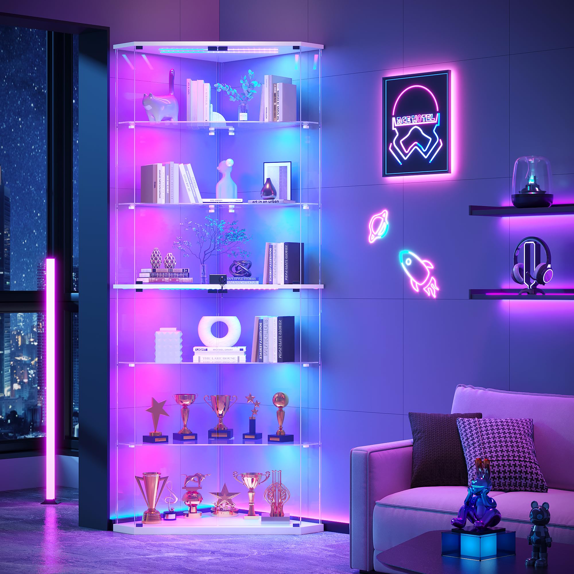 6-Tier Corner RGB LED Glass Display Cabinet with Human Sensor,White