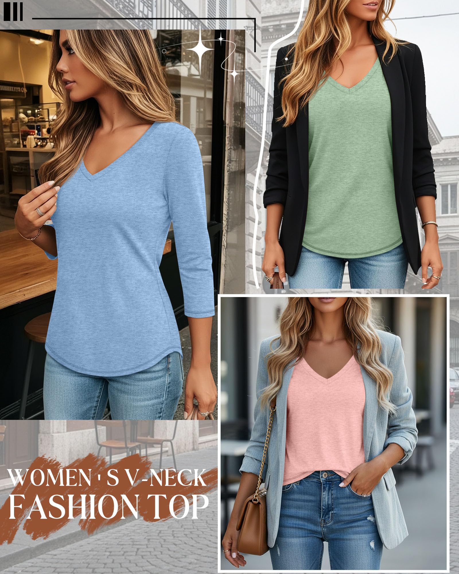 Ficerd Lot de 3 t-shirts à manches 3/4 pour femmes, col en V, coupe ample, t-shirts décontractés 2026, vêtements tendance