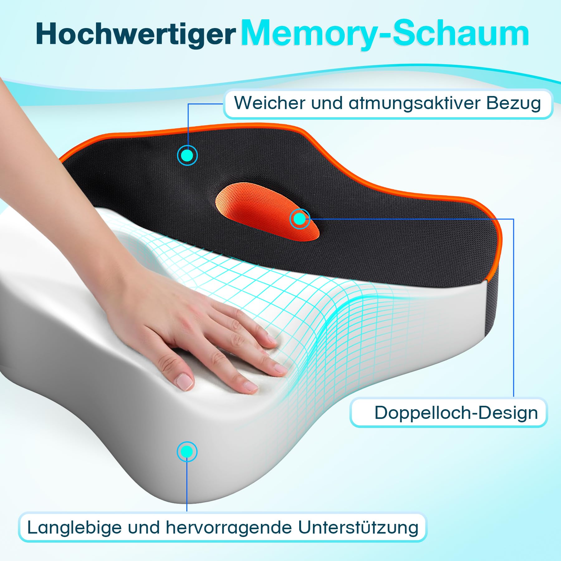 POOTACK Sitzkissen - Bürostuhl & Auto Sitzkissen mit Memory-Schaum, Atmungsaktive Sitzauflage für Homeoffice, Lange Fahrten und Büroarbeit, rutschfeste Unterseite, Waschbarer Bezug