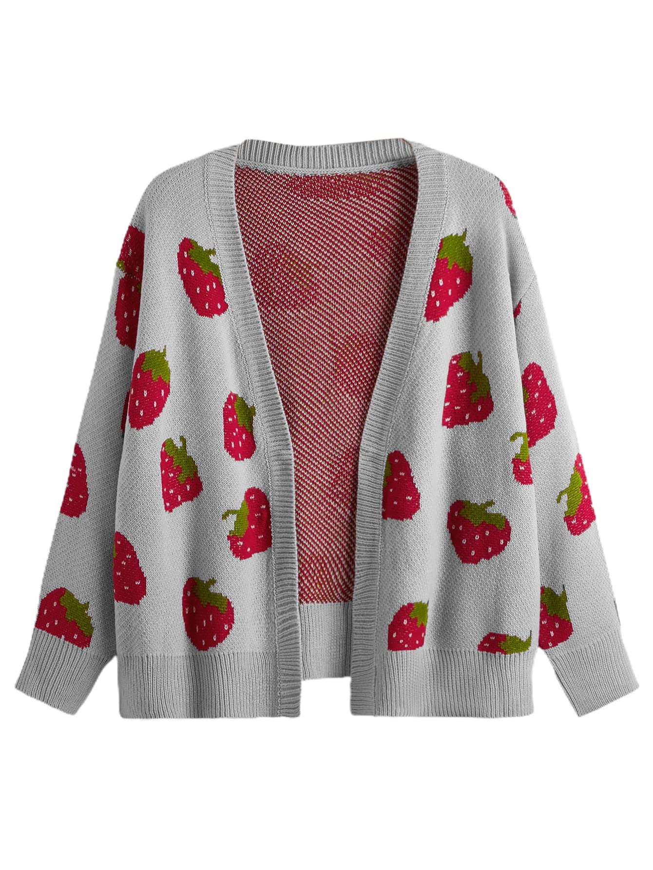  Plus Size Strawberry Print Long Sleeve Open