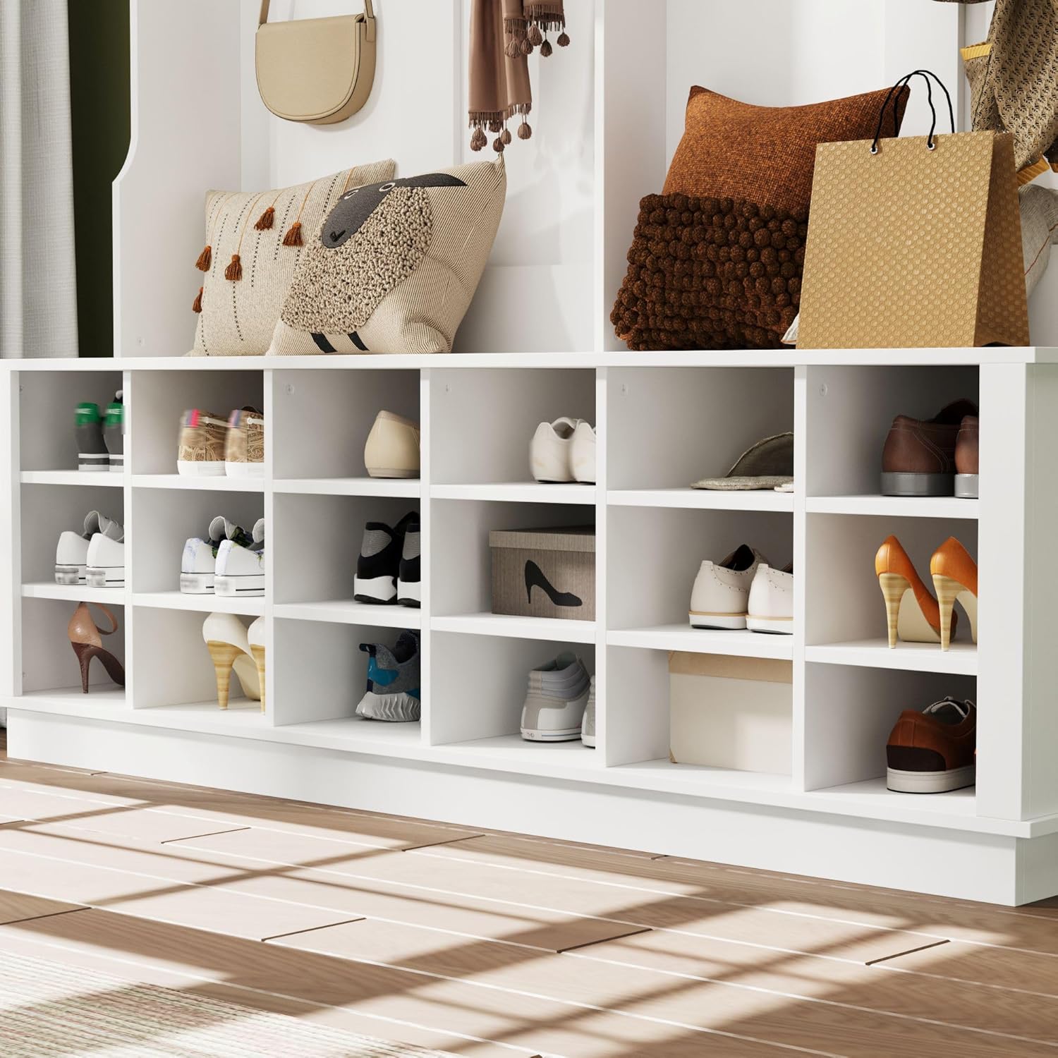 Lovinouse 67" Large Hall Tree with Storage Bench and Shoe Rack White, Standing Entryway Bench with 6 Coat Rack, 18 Shoe Cubbies & Top Storage,4-in-1 Modern Hall Tree for Hallway, Mud Room Organization