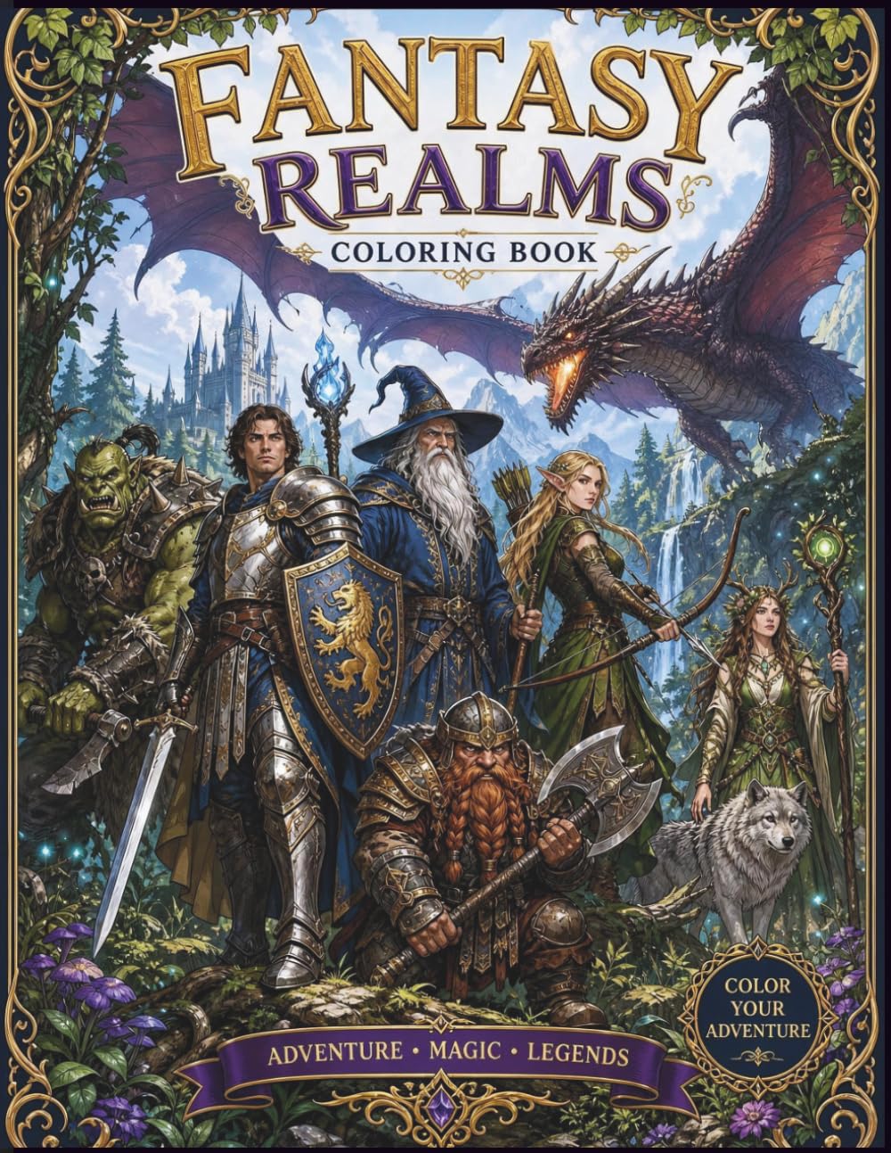 Fantasy Realms Coloring Book: Color 50 + Epic Knights, Dragons, Wizards, Elves, Orcs, Dwarves, Druids & Mythical Creatures | Magical Adventure for Teens and Adults