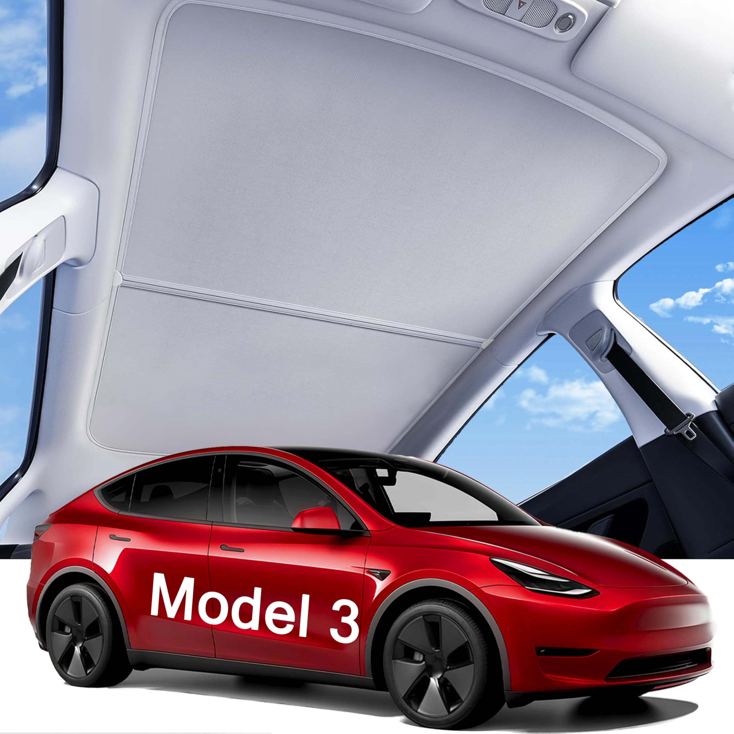 LOWEEY 2026 Upgraded Tesla Model 3 Sunshade Roof, UPF200+ Roof Sunshade with Storage Bag, No-Sag &amp; No-Gaps Heat Insulation Foldable Glass Roof Sun Shade, Tesla Model 3 Accessories MY20-23,Gray