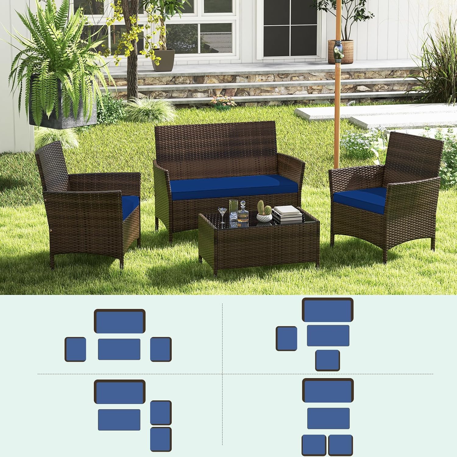 Diagram illustrating various layout configurations for the 4-piece patio furniture set