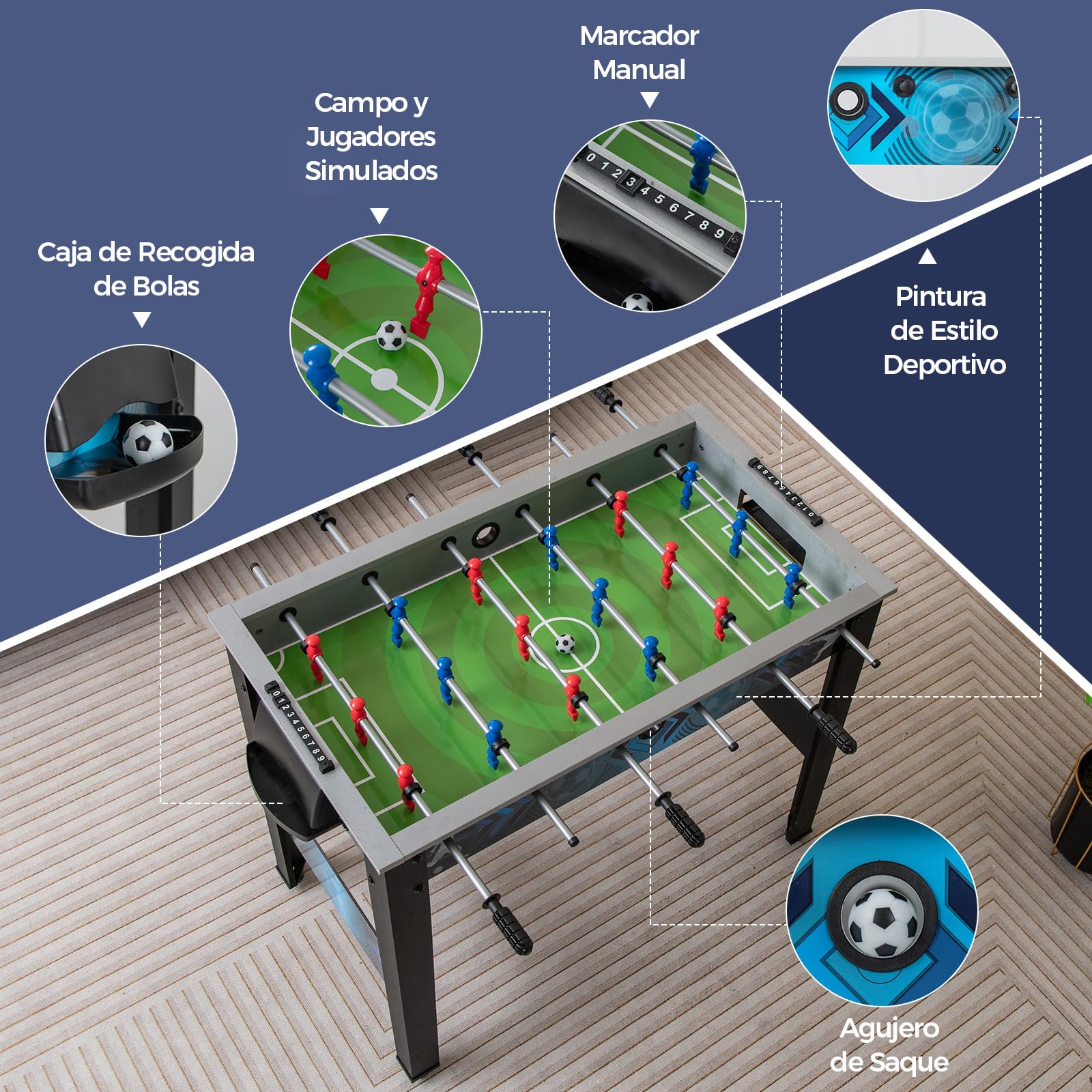 COSTWAY Futbolín de Mesa, Juego de Fútbol Estable con 2 Pelotas, Mango Suave, 18 Jugadores Realistas, Pintura Estilo Deportivo, Futbolín Versátil para Sala de Juegos, Oficina, Fiesta