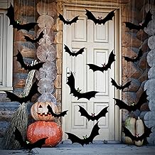 18Pcs Hanging Bats Halloween Decorations Outdoors, 3 Sizes Halloween Bats Decor Flying Bats with Eye Stickers & Roll of Line, Indoor Outdoor Halloween Decorations for Tree Wall Porch, Yard, Lawn