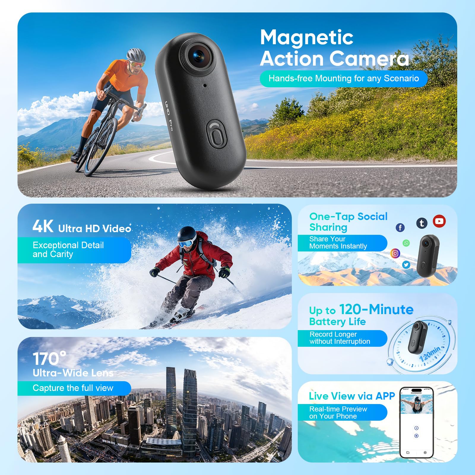 Minicámara de acción multifunción WiFi, cámara corporal 4K, cámara de acción con tarjeta de memoria de 64 GB, gran angular de 120°, cámara submarina portátil, se puede conectar en cualquier