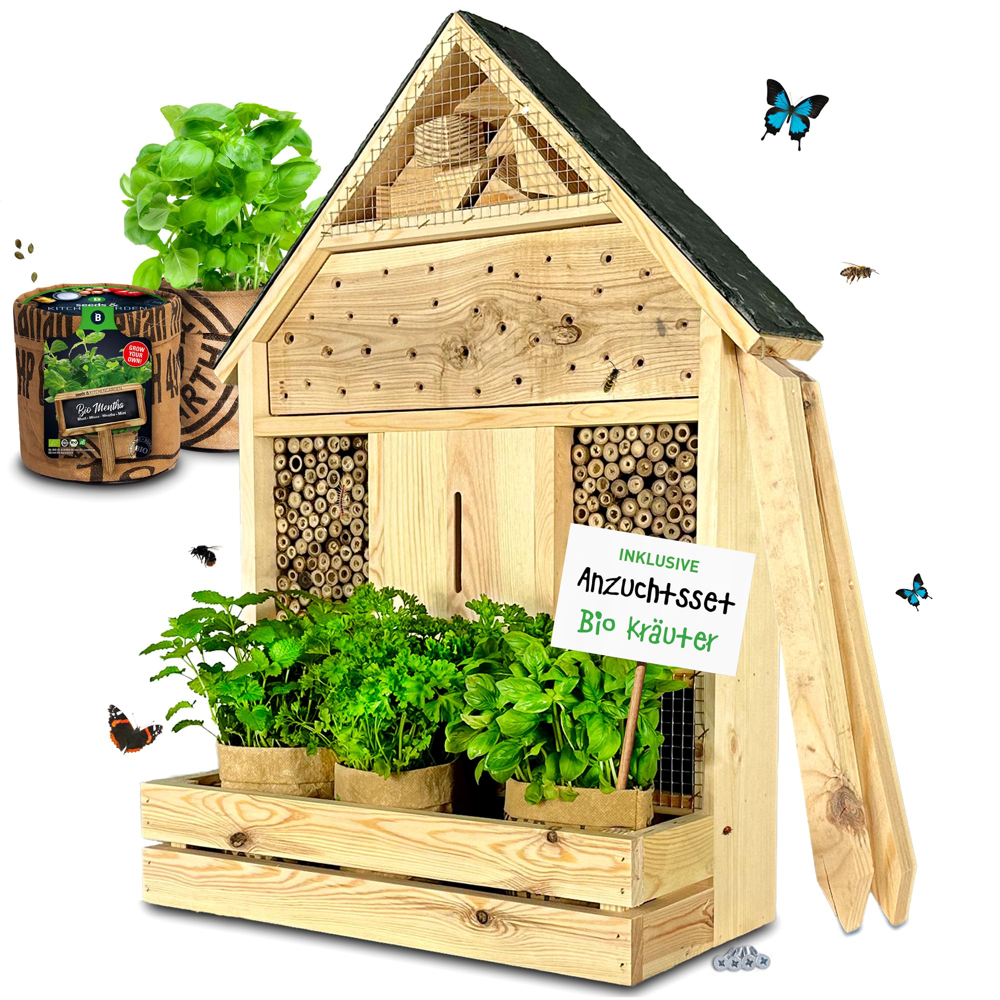 GARTENETAGE Stehendes Insektenhotel XXL mit Schieferdach und Pflanzenoase Kräuterparadies - inkl. Anzuchtset/Naturbelassenes, massives Insektenhaus & Bienenhotel/Insektenhotel zum Aufstellen
